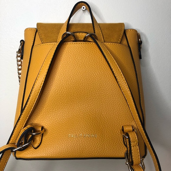 Call It Spring Golden Mustard Faux Leather & Suede Backpack Handbag Gold Chains - Picture 7 of 9